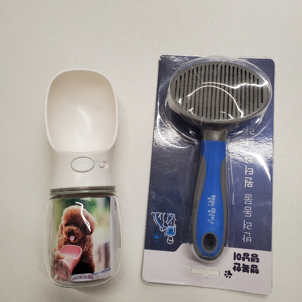 Pet water bottle and brush for small pets.